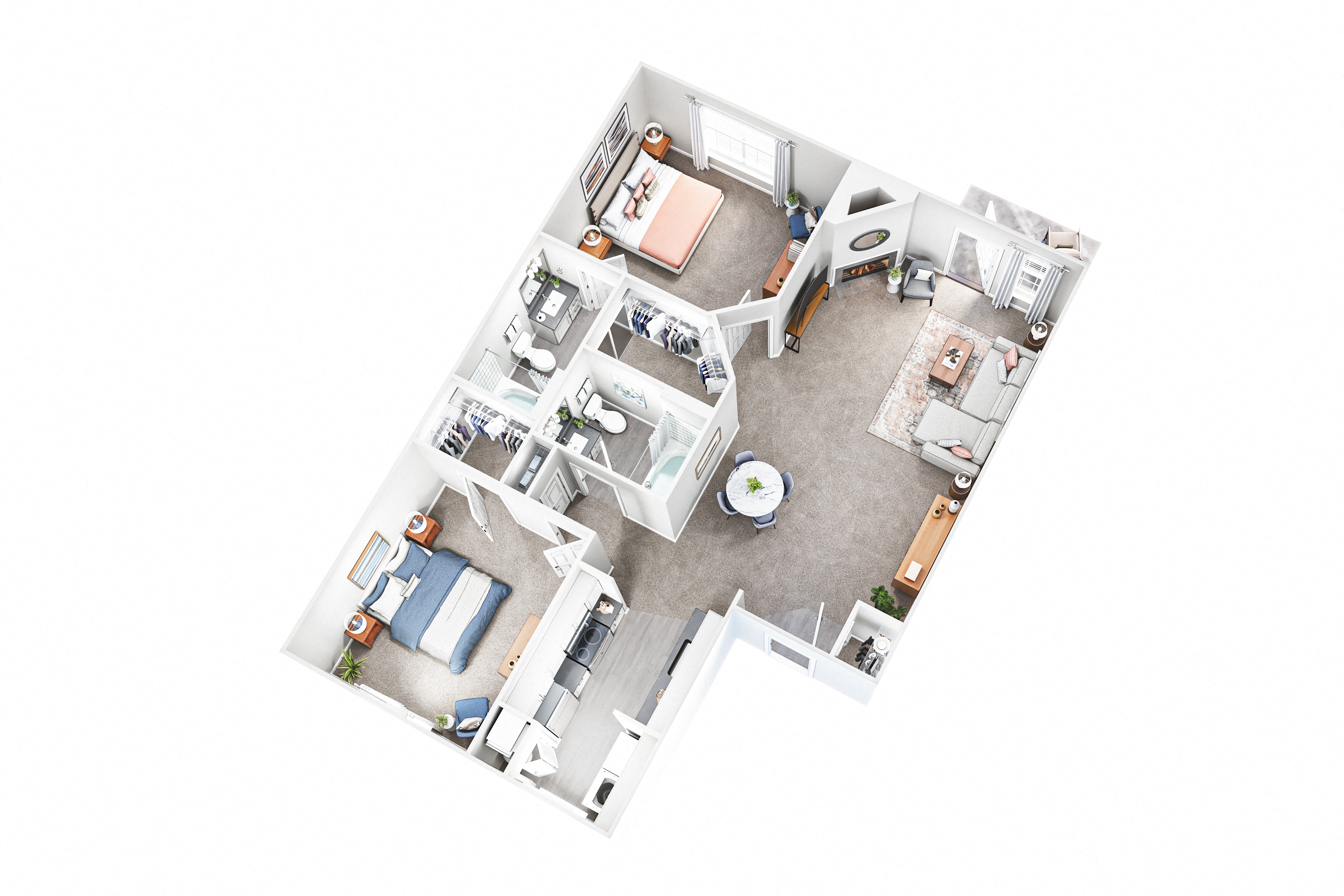 Floor plan for 2 beds, 2 baths, 966 sqft